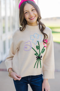 Girls: The Madison Taupe Floral Sweater