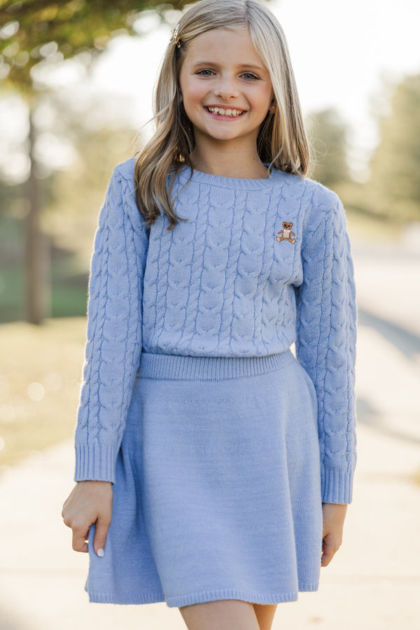 Girls: The Mallory Light Blue Teddy Bear Cable Knit Sweater