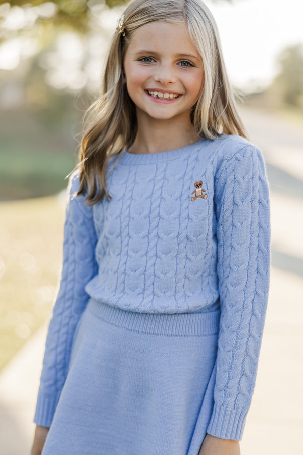 Girls: The Mallory Light Blue Teddy Bear Cable Knit Sweater