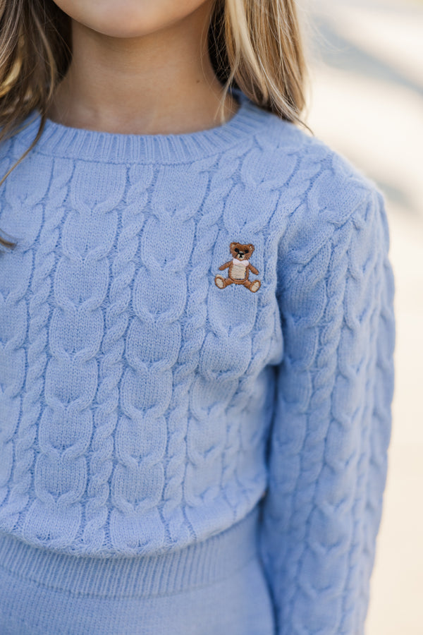 Girls: The Mallory Light Blue Teddy Bear Cable Knit Sweater