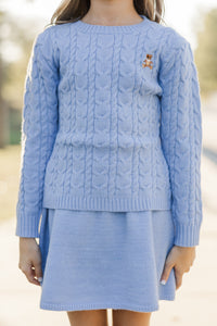 Girls: The Mallory Light Blue Teddy Bear Cable Knit Sweater