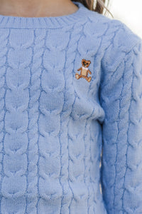 Girls: The Mallory Light Blue Teddy Bear Cable Knit Sweater