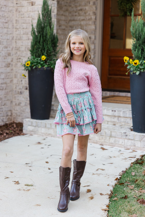 Girls: The Mallory Pink Bow Cable Knit Sweater