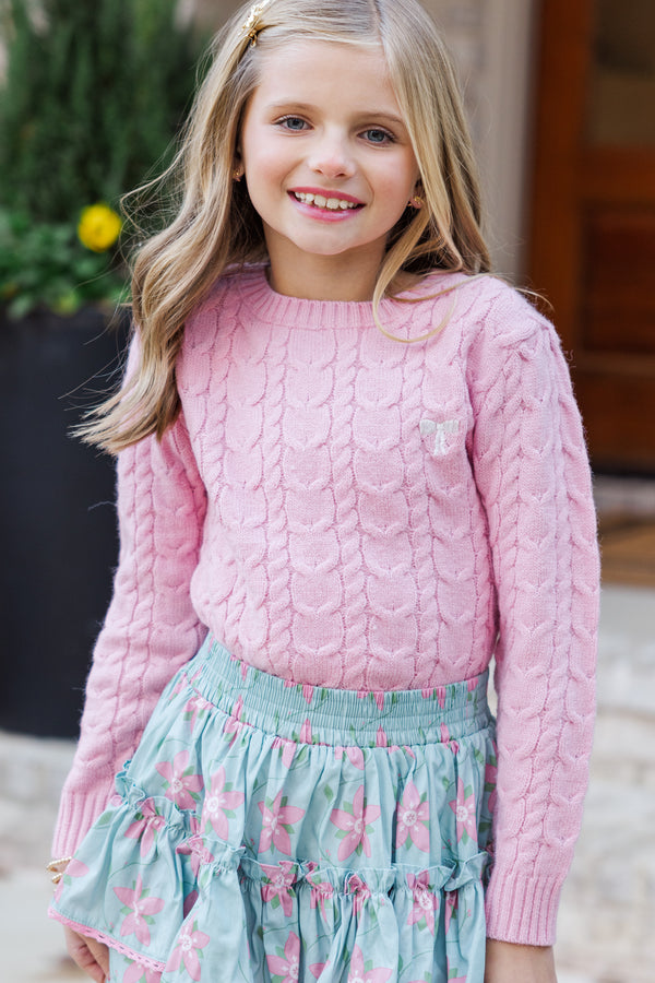 Girls: The Mallory Pink Bow Cable Knit Sweater