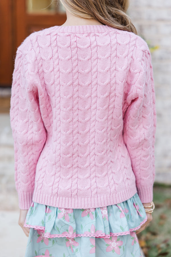 Girls: The Mallory Pink Bow Cable Knit Sweater