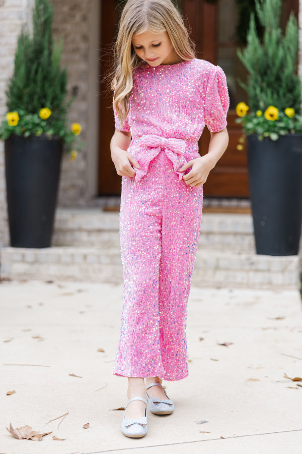 Girls: The Hailey Pink Sequin Jumpsuit