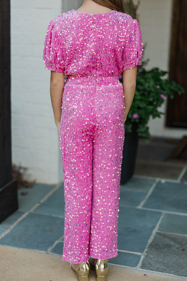 Girls: The Hailey Pink Sequin Jumpsuit