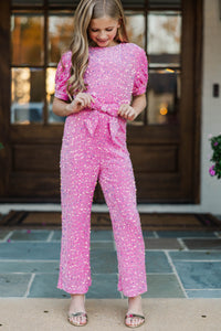 Girls: The Hailey Pink Sequin Jumpsuit