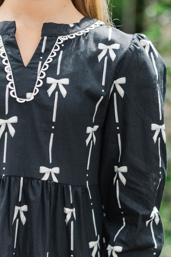 Girls: In Your Happy Place Black Bow Print Dress