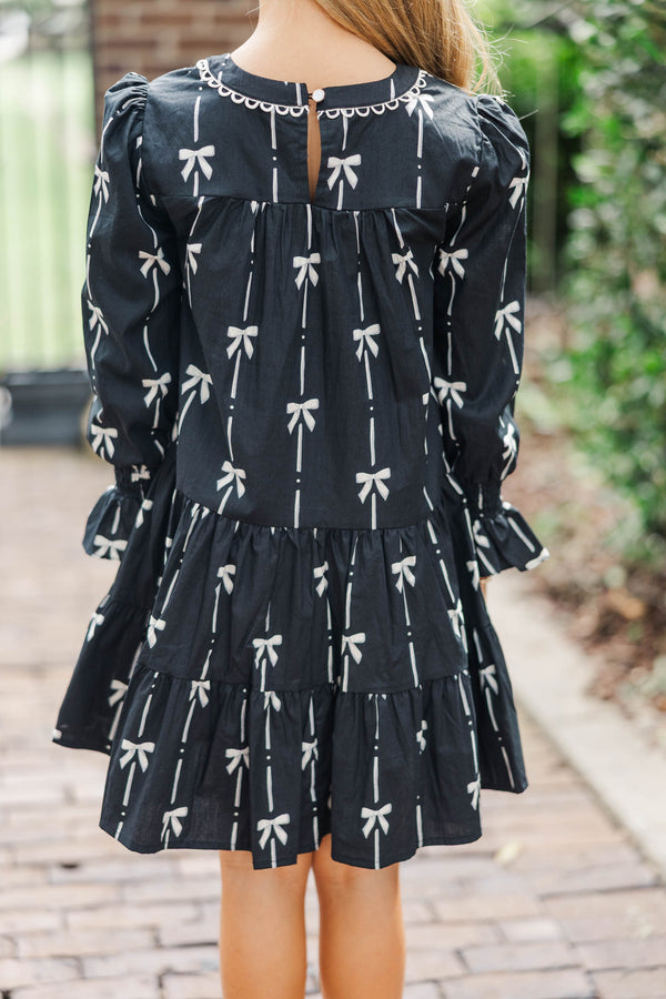 Girls: In Your Happy Place Black Bow Print Dress