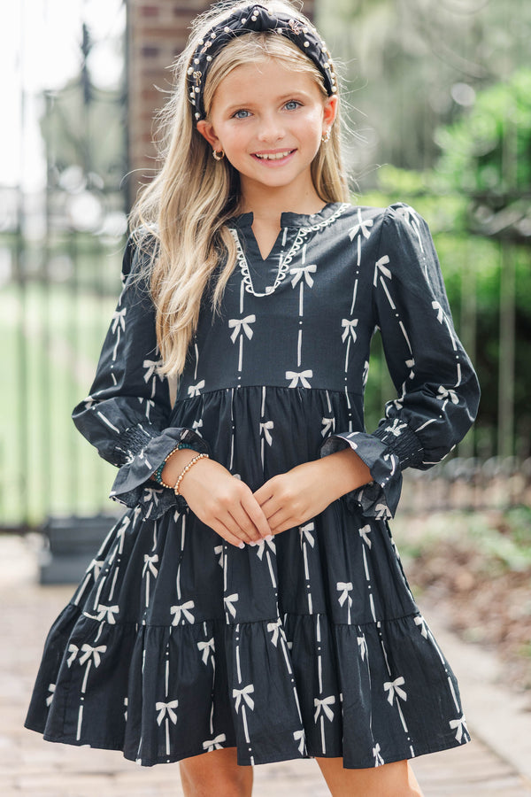 Girls: In Your Happy Place Black Bow Print Dress