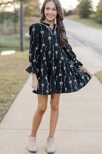 Girls: In Your Happy Place Black Bow Print Dress