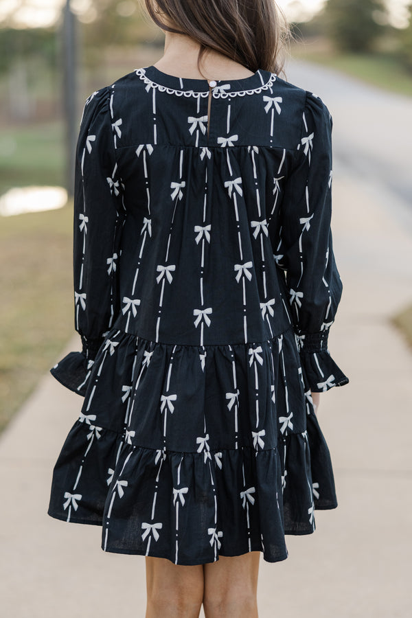 Girls: In Your Happy Place Black Bow Print Dress