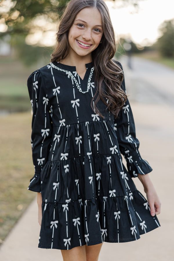 Girls: In Your Happy Place Black Bow Print Dress