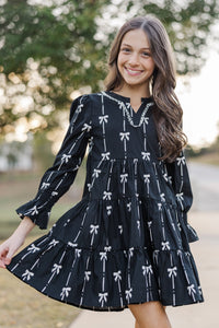 Girls: In Your Happy Place Black Bow Print Dress