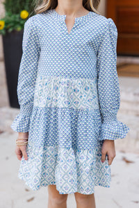 Girls: In Your Happy Place Blue Mixed Print Dress