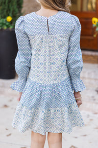 Girls: In Your Happy Place Blue Mixed Print Dress