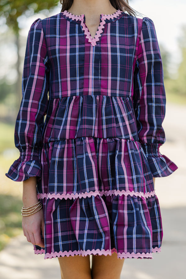 Girls: In Your Happy Place Navy Plaid Rickrack Dress