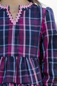 Girls: In Your Happy Place Navy Plaid Rickrack Dress