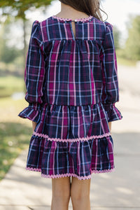 Girls: In Your Happy Place Navy Plaid Rickrack Dress