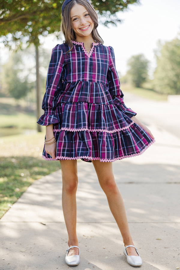 Girls: In Your Happy Place Navy Plaid Rickrack Dress