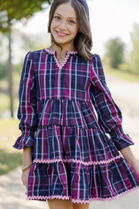 Girls: In Your Happy Place Navy Plaid Rickrack Dress