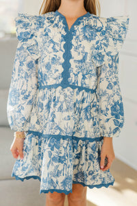 Girls: At This Time Blue Toile Cotton L/S Babydoll Dress