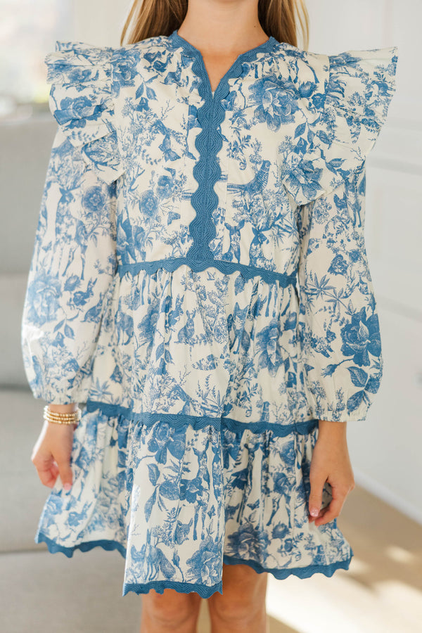 Girls: At This Time Blue Toile Cotton L/S Babydoll Dress