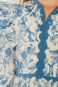 Girls: At This Time Blue Toile Cotton L/S Babydoll Dress