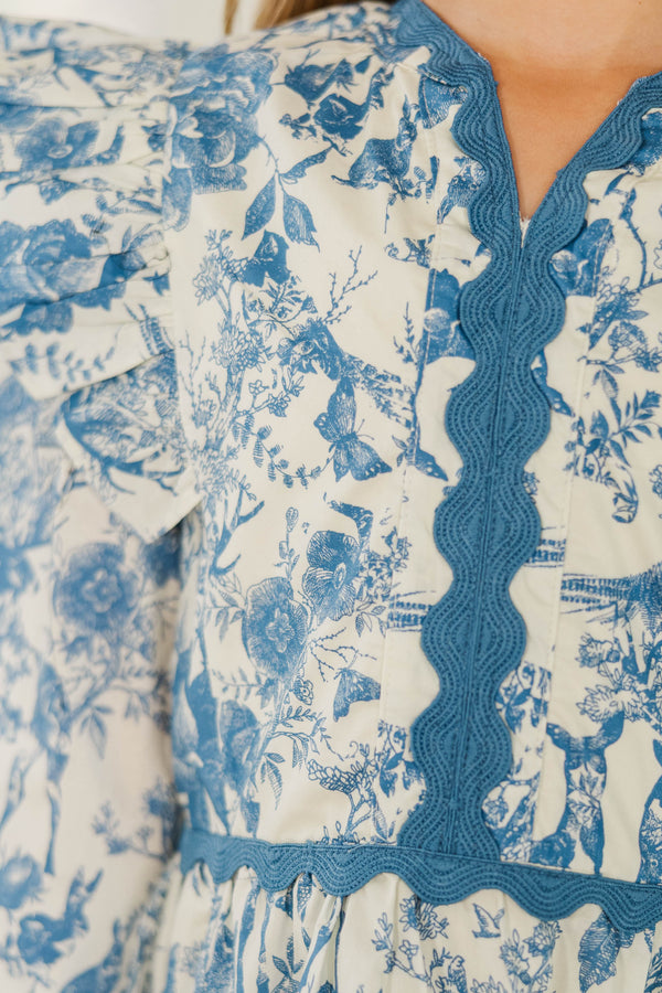 Girls: At This Time Blue Toile Cotton L/S Babydoll Dress