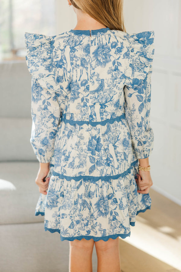 Girls: At This Time Blue Toile Cotton L/S Babydoll Dress