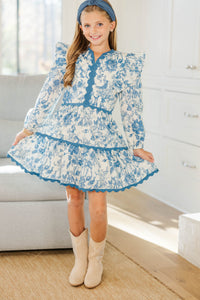 Girls: At This Time Blue Toile Cotton L/S Babydoll Dress