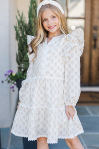 Girls: At This Time Cream Medallion Cotton L/S Babydoll Dress