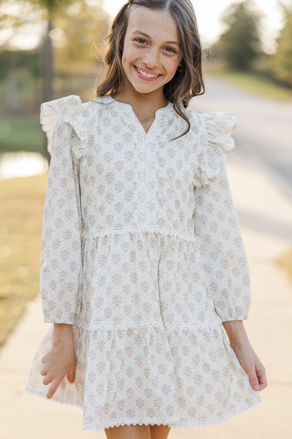 Girls: At This Time Cream Medallion Cotton L/S Babydoll Dress