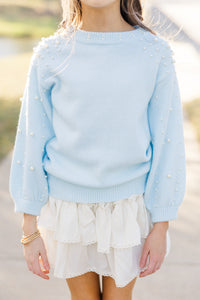 Girls: Can't Help But Love Sky Blue Pearl Studded Sweater