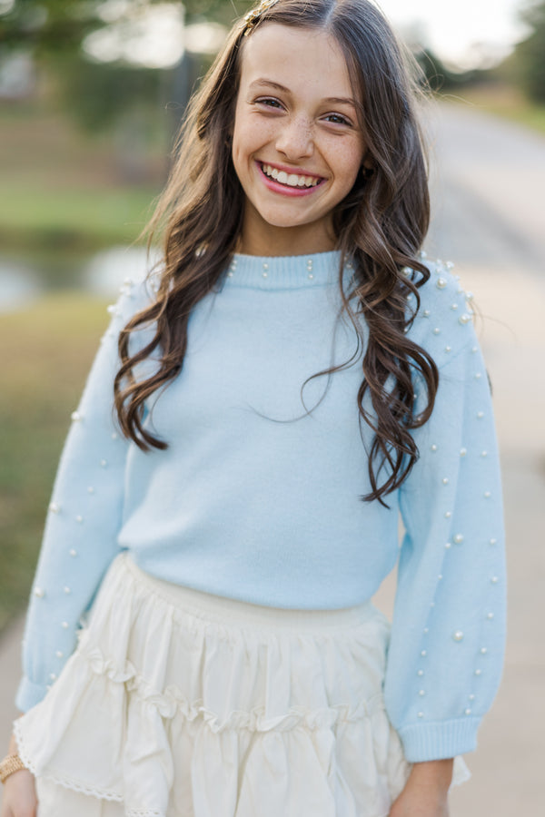 Girls: Can't Help But Love Sky Blue Pearl Studded Sweater