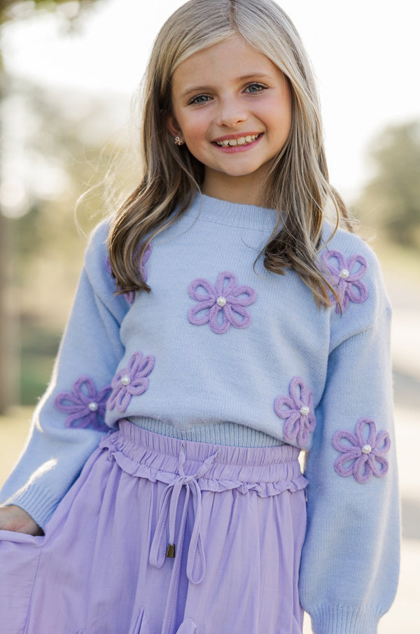 Girls: Feeling Just Fine Light Blue Floral Sweater