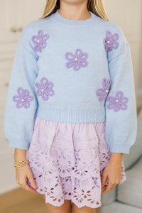 Girls: Feeling Just Fine Light Blue Floral Sweater