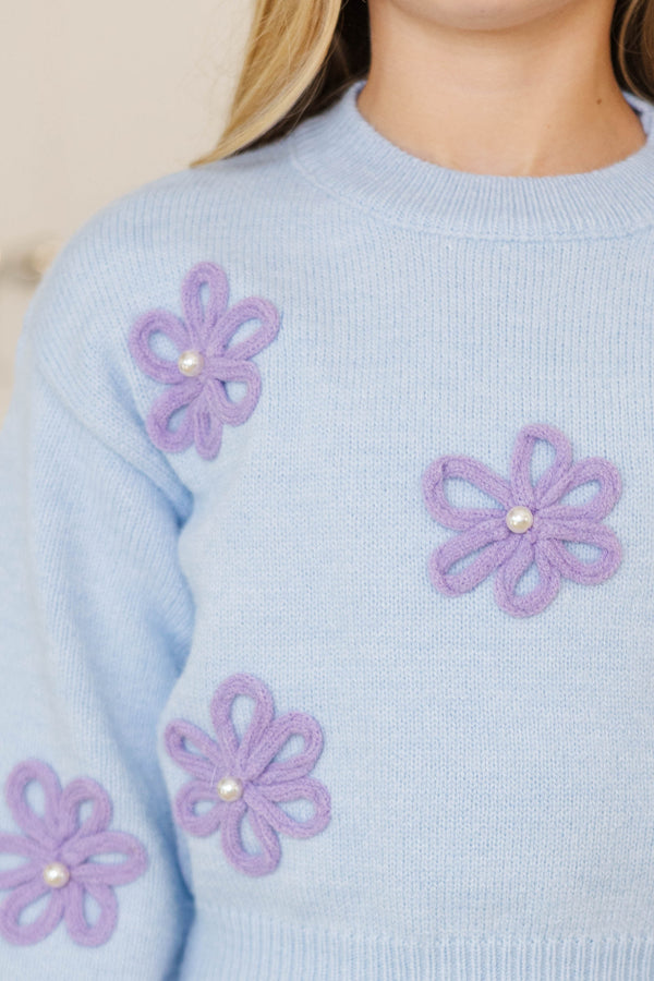 Girls: Feeling Just Fine Light Blue Floral Sweater