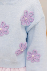 Girls: Feeling Just Fine Light Blue Floral Sweater