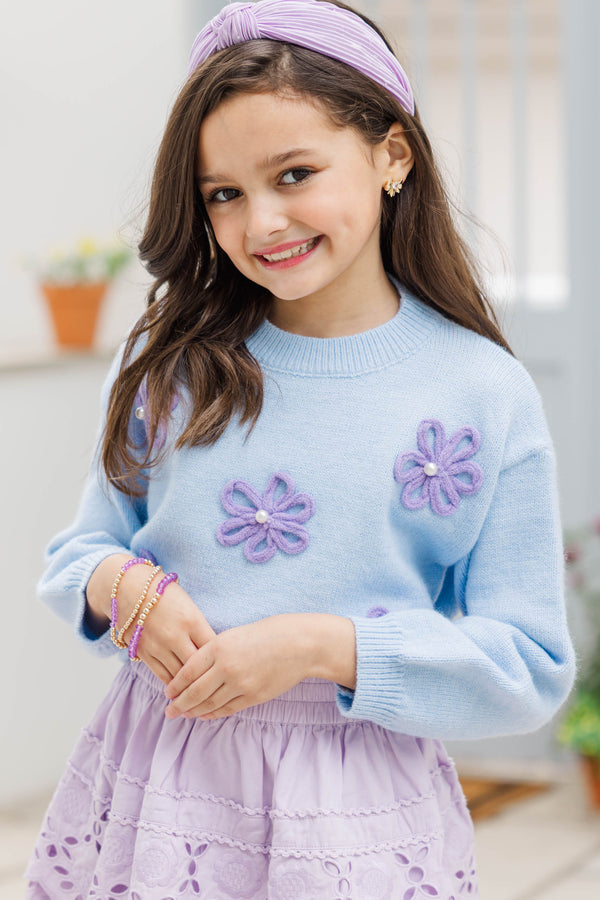 Girls: Feeling Just Fine Light Blue Floral Sweater