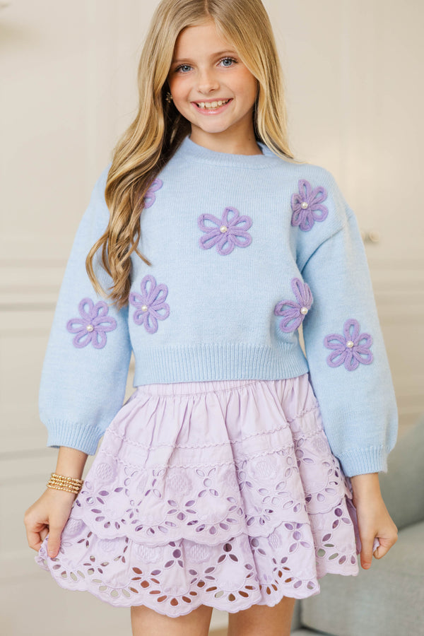 Girls: Feeling Just Fine Light Blue Floral Sweater