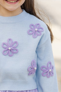 Girls: Feeling Just Fine Light Blue Floral Sweater