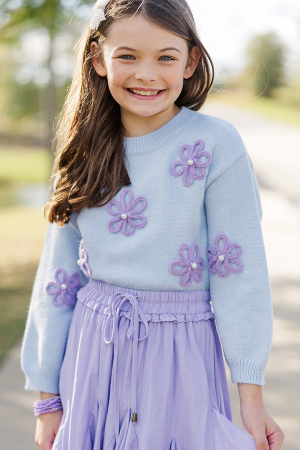 Girls: Feeling Just Fine Light Blue Floral Sweater