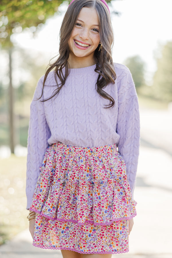 Girls: The Kelcie Lavender Purple Cable Knit Crop Sweater