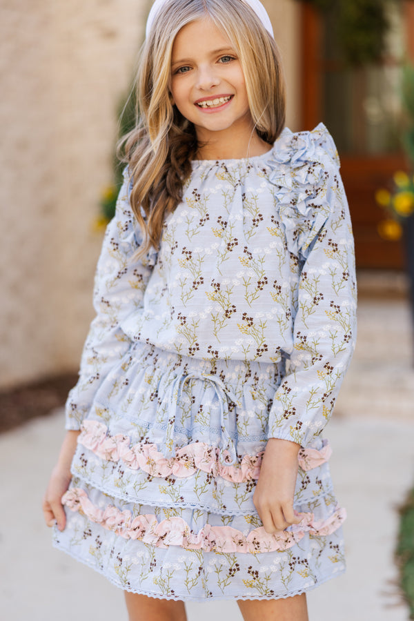 Girls: Listen To Your Heart Light Blue Ditsy Floral L/S Blouse