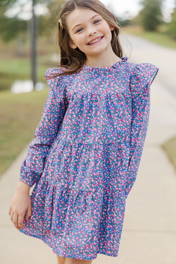 Girls: Make My Day Blue Floral L/S Babydoll Dress