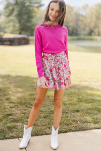 Girls: Take The Leap Pink Floral Satin Skort