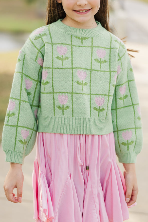 Girls: The Riley Sage Green Floral Sweater