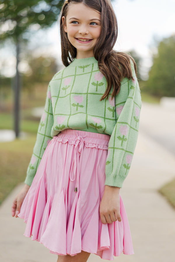 Girls: The Riley Sage Green Floral Sweater